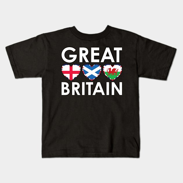 Great Britain England Scotland Wales Flags Hearts Kids T-Shirt by DPattonPD